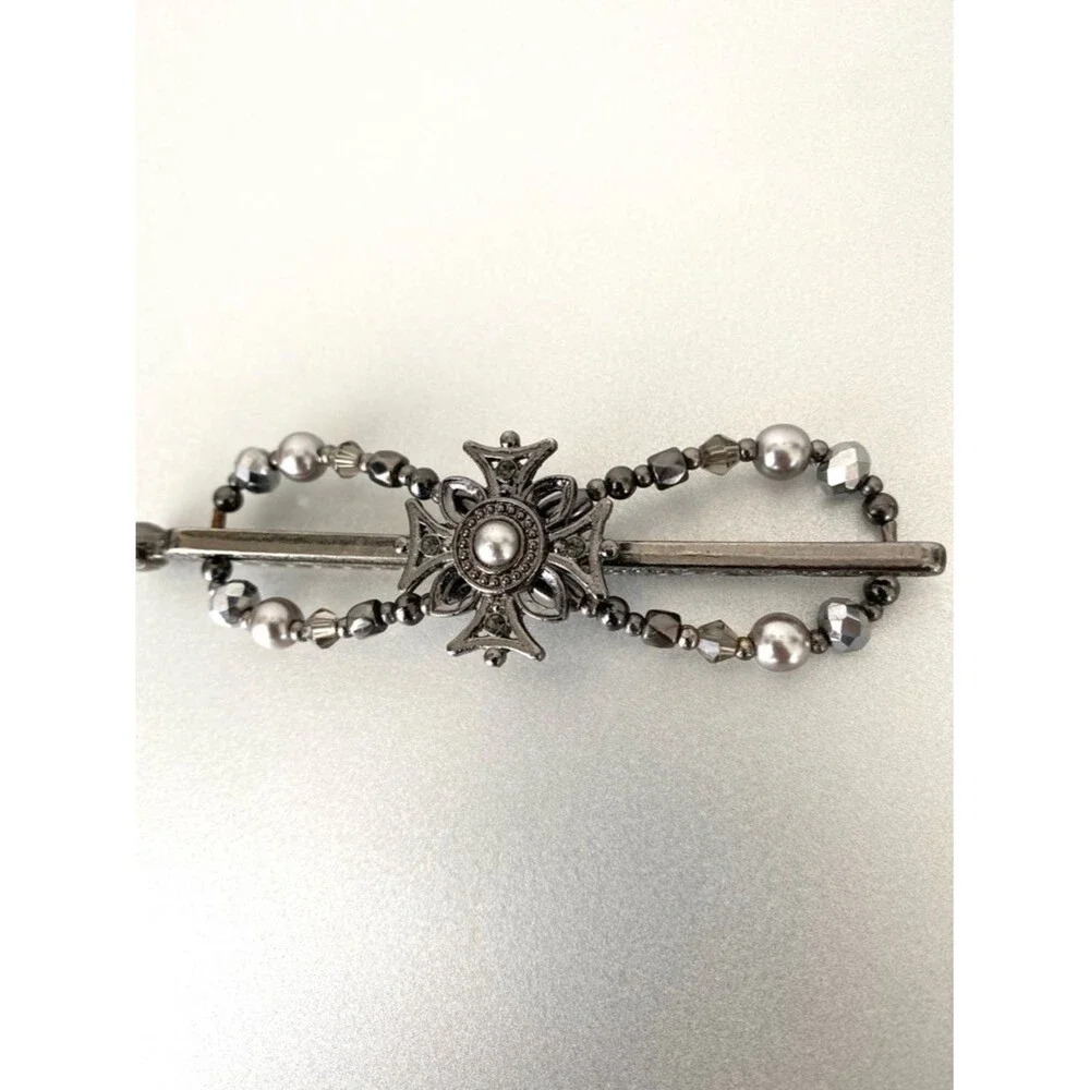 Irose Japanese Gunmetal Beaded Cross Barrette Pearl Accent Bridal Party Festival
